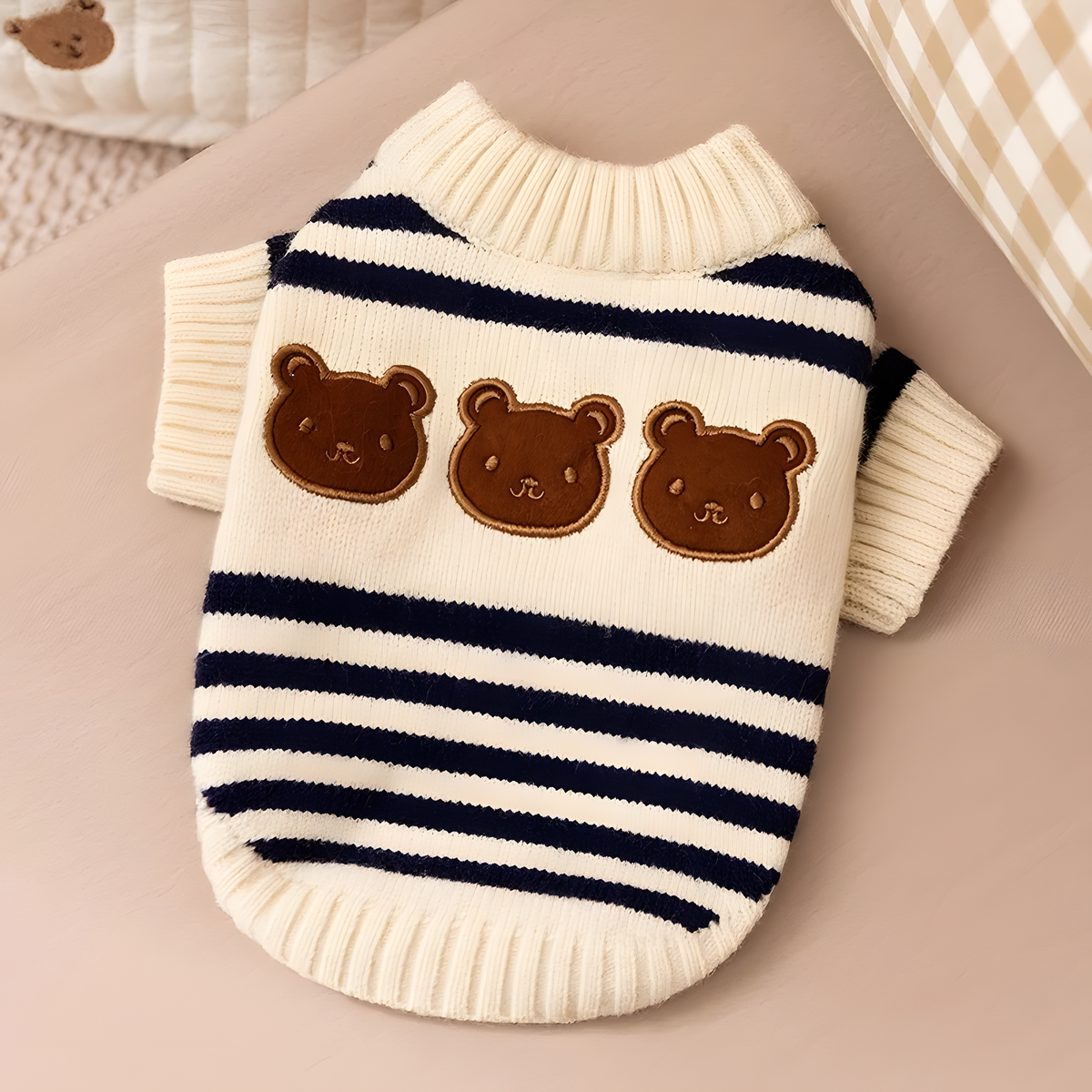 Knitted Pet Sweater with Ribbed Neck and Short Sleeves for Cool Days
