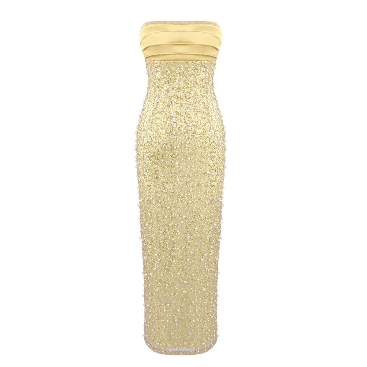 Strapless Sequin Evening Gown with Satin Bodice and Slit