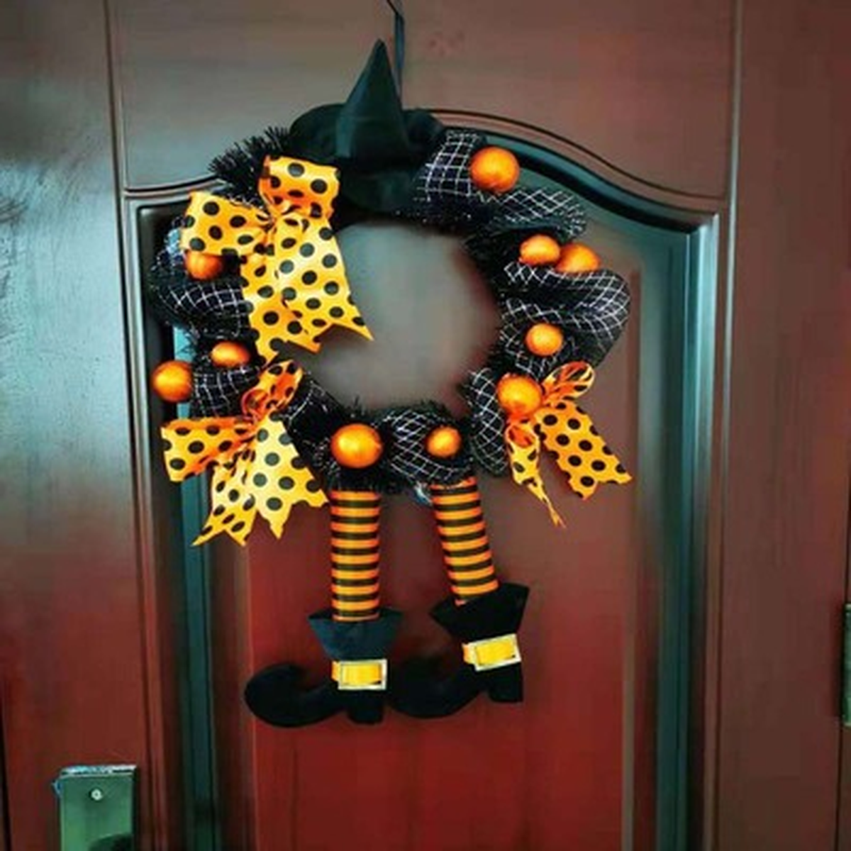 Halloween Witch Leg Wreath with Striped Legs and Curled Shoes