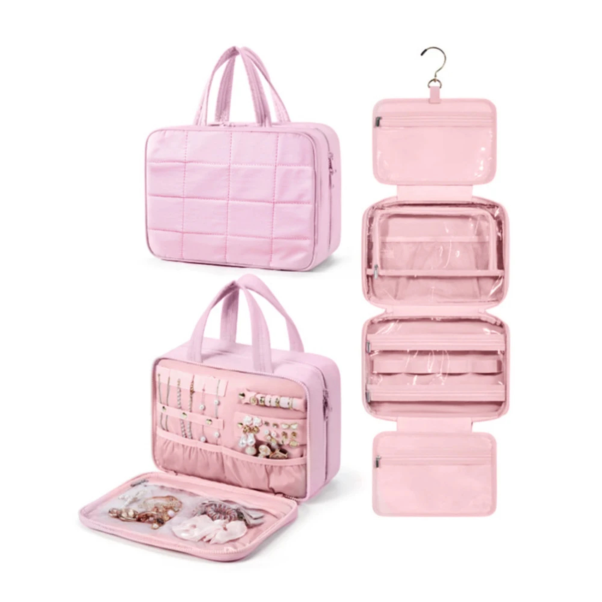 Quilted Hanging Toiletry Bag with Separate Jewelry Organizer
