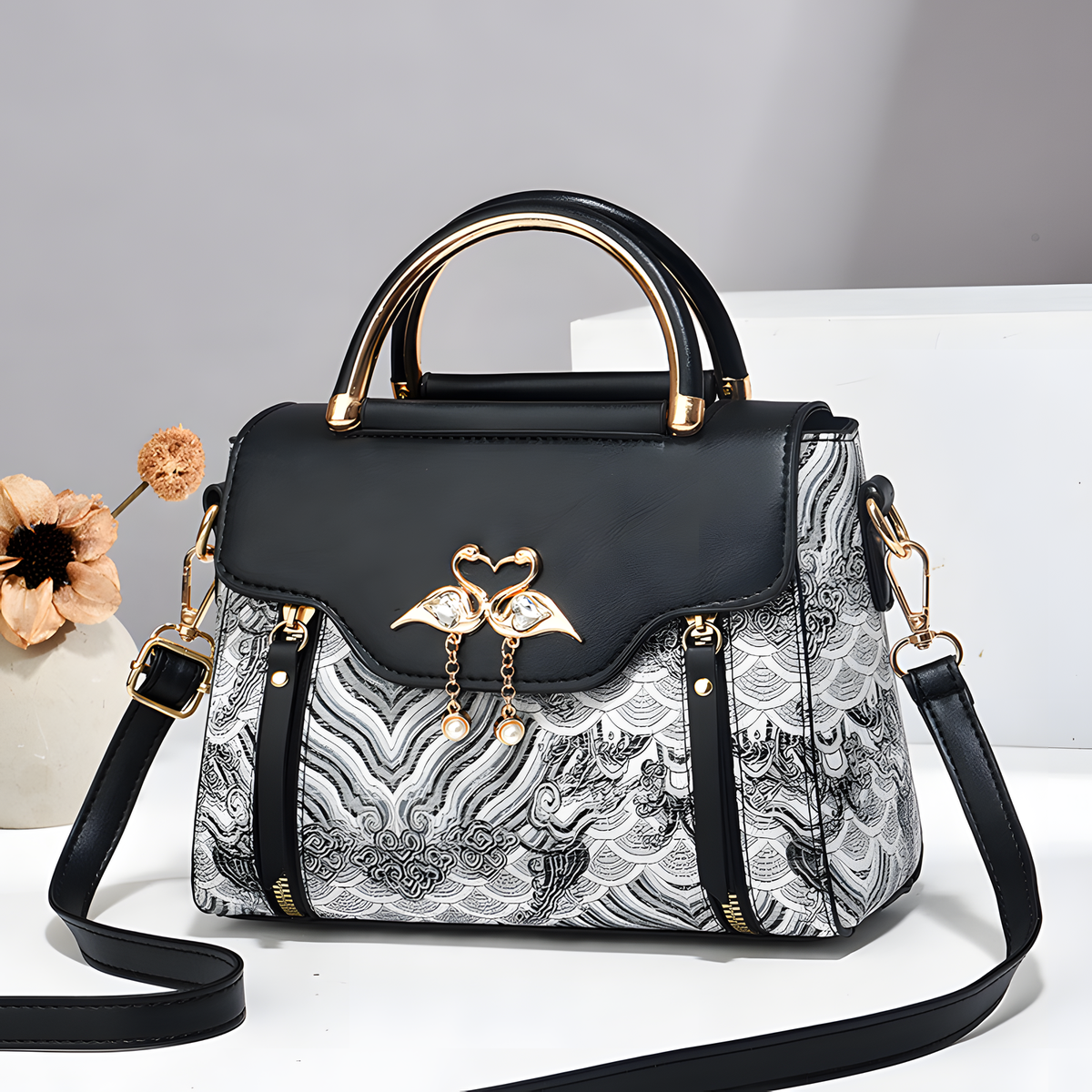 Printed Shoulder Bag with Bird Charm and Zip Divider, 22.5 cm