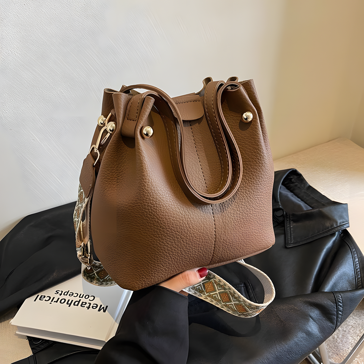Compact Bucket Handbag with Wide Patterned Shoulder Strap
