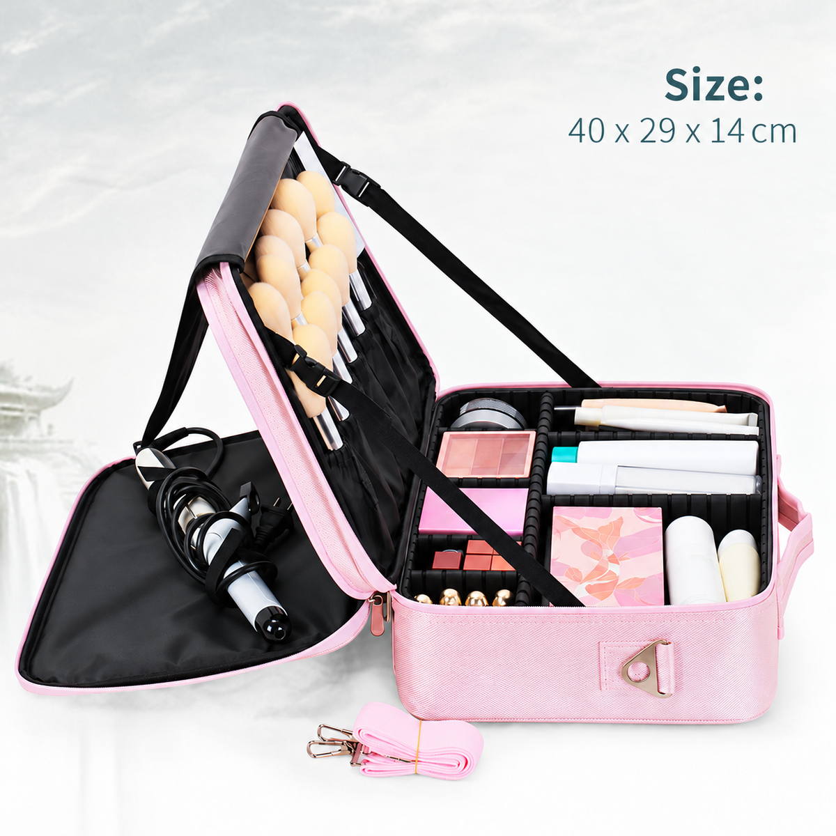 Makeup Travel Case, Adjustable Dividers and Brush Storage
