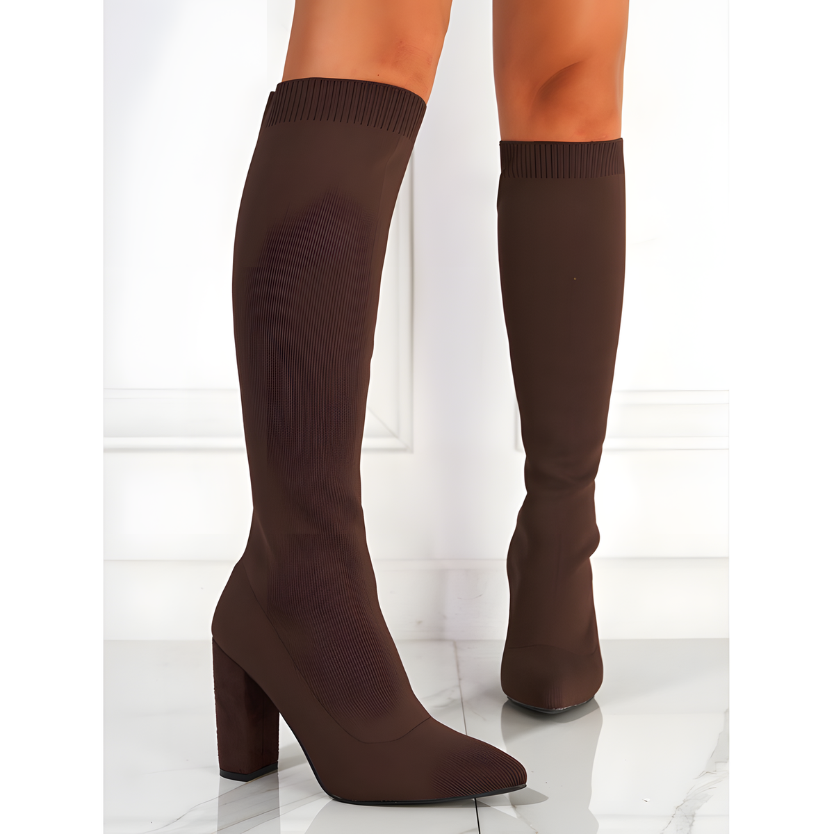 Stretch-Knit Tall Boots with Block Heels in Three Colors