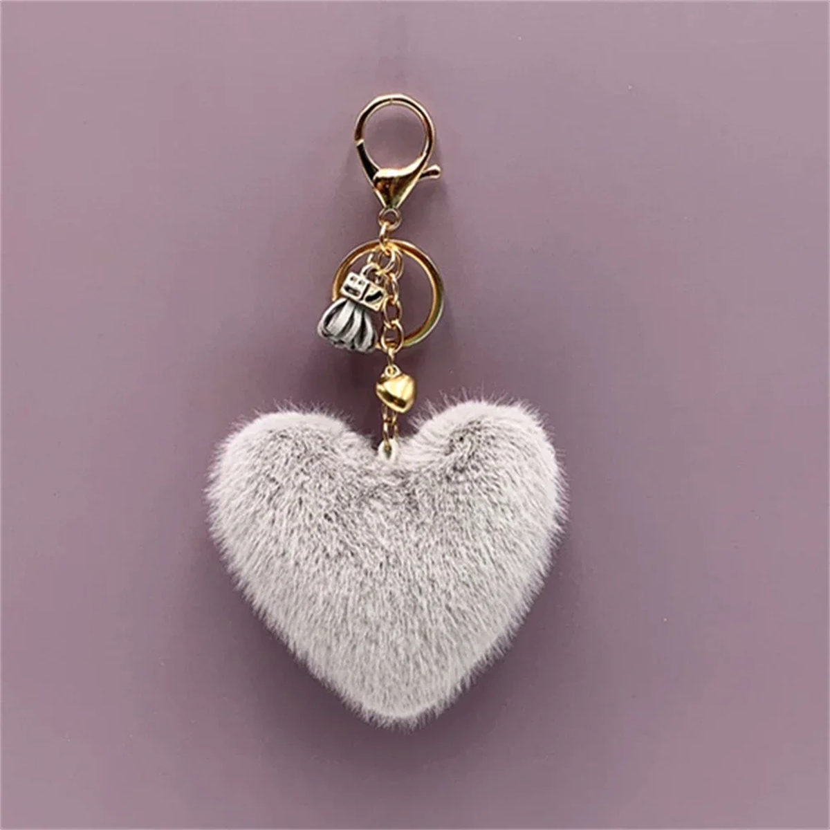 Fluffy Heart Keychain Charm with Tassel and Gold-Tone Clasp