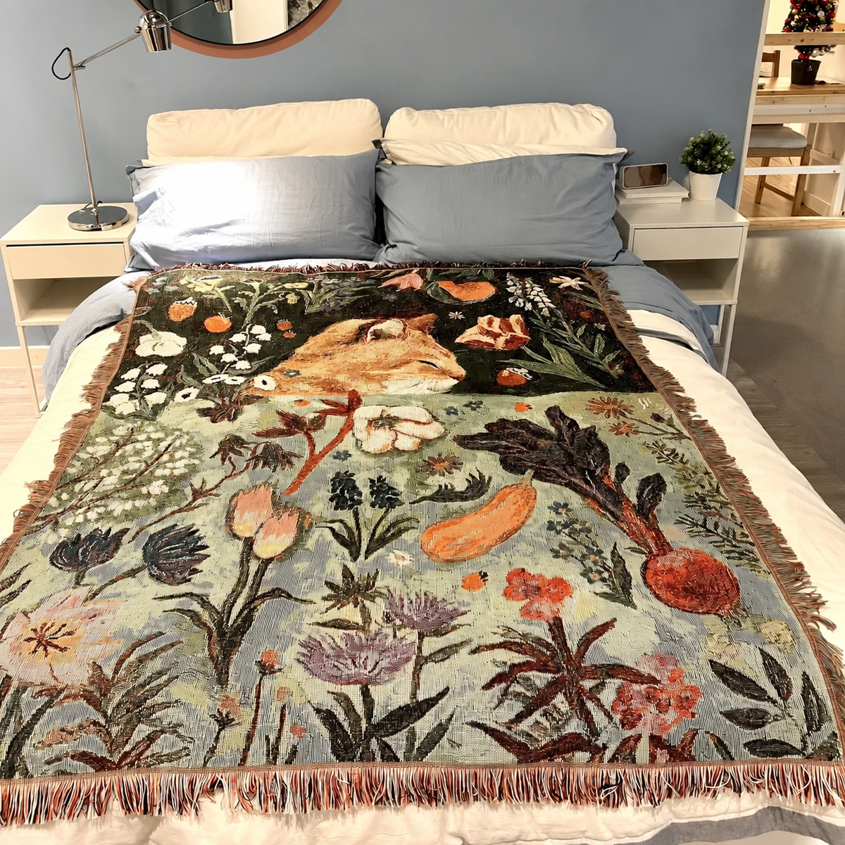 Illustrated Woven Throw Blanket with Fringe, 130 x 160 cm