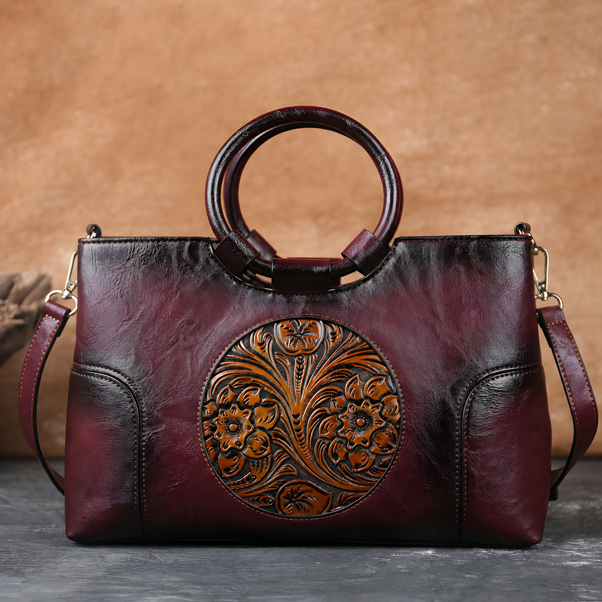 Embossed PU Satchel Handbag with Top Handles and Shoulder Strap