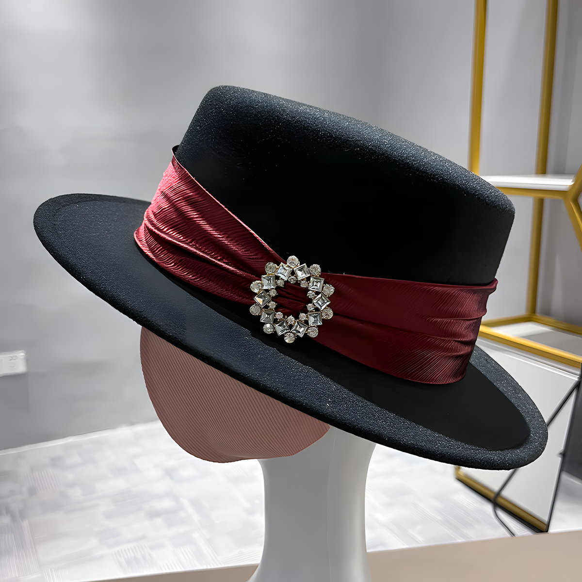 Wool Flat-Top Hat with Decorative Band and Brooch Detail