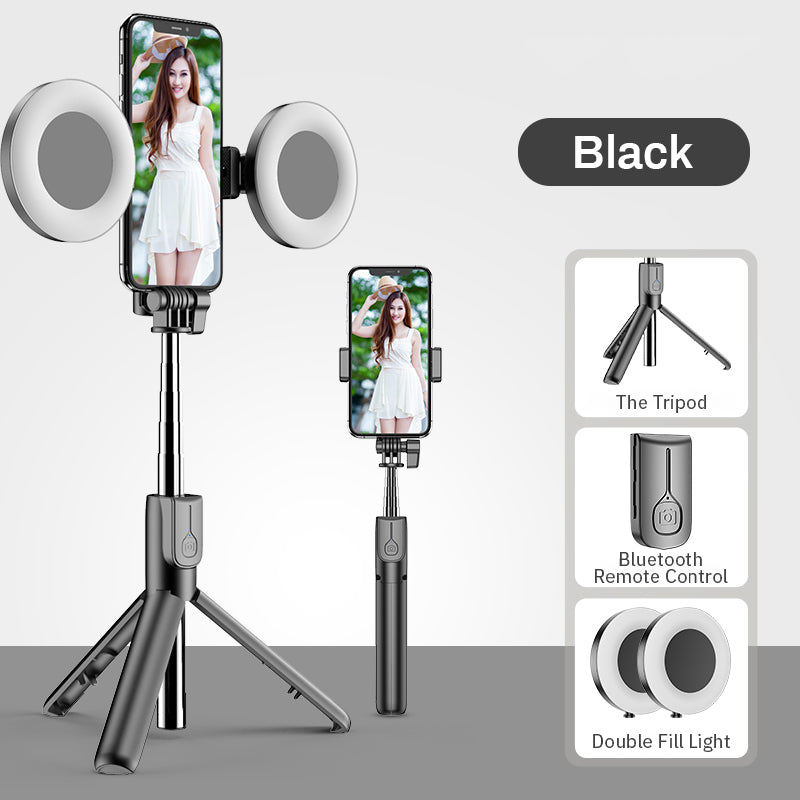 Portable Tripod Selfie Stick with Dual LED Lights - Rechargeable Ring Light
