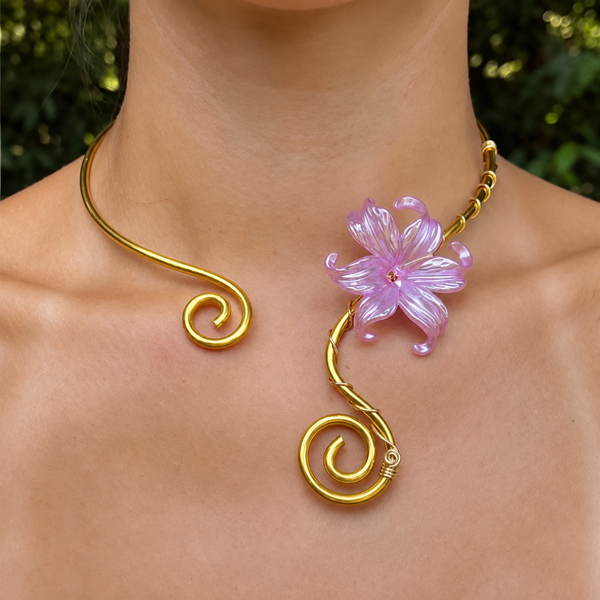 Iris Flower Choker, Open Collar Necklace with Spiral Details