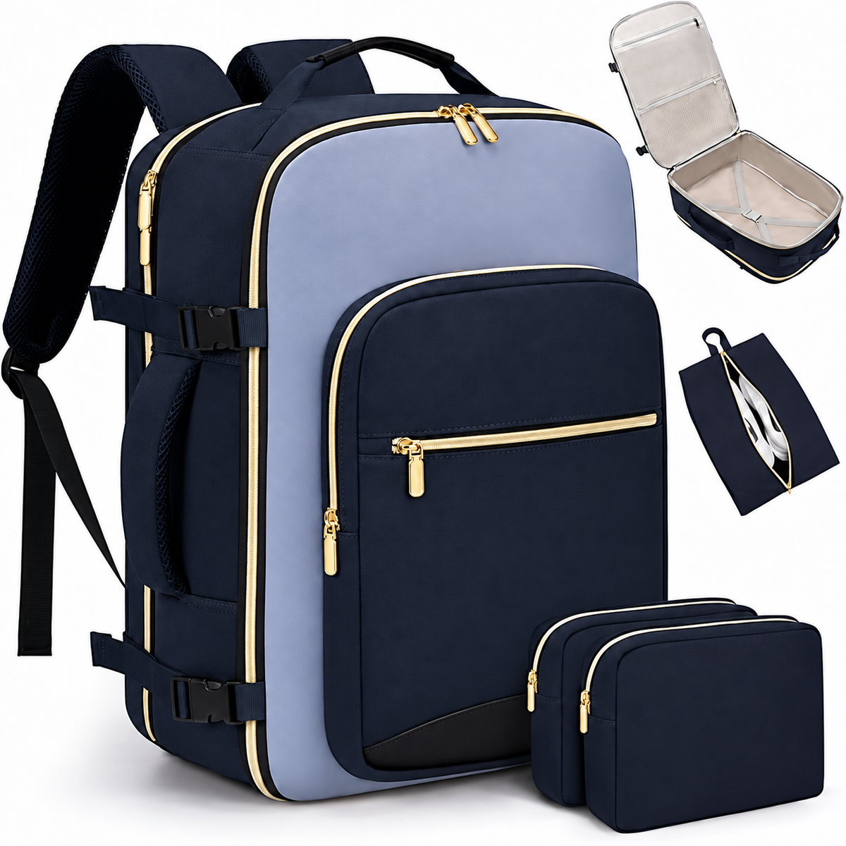 Large Travel Backpack Set, Clamshell Opening and 3 Pouches
