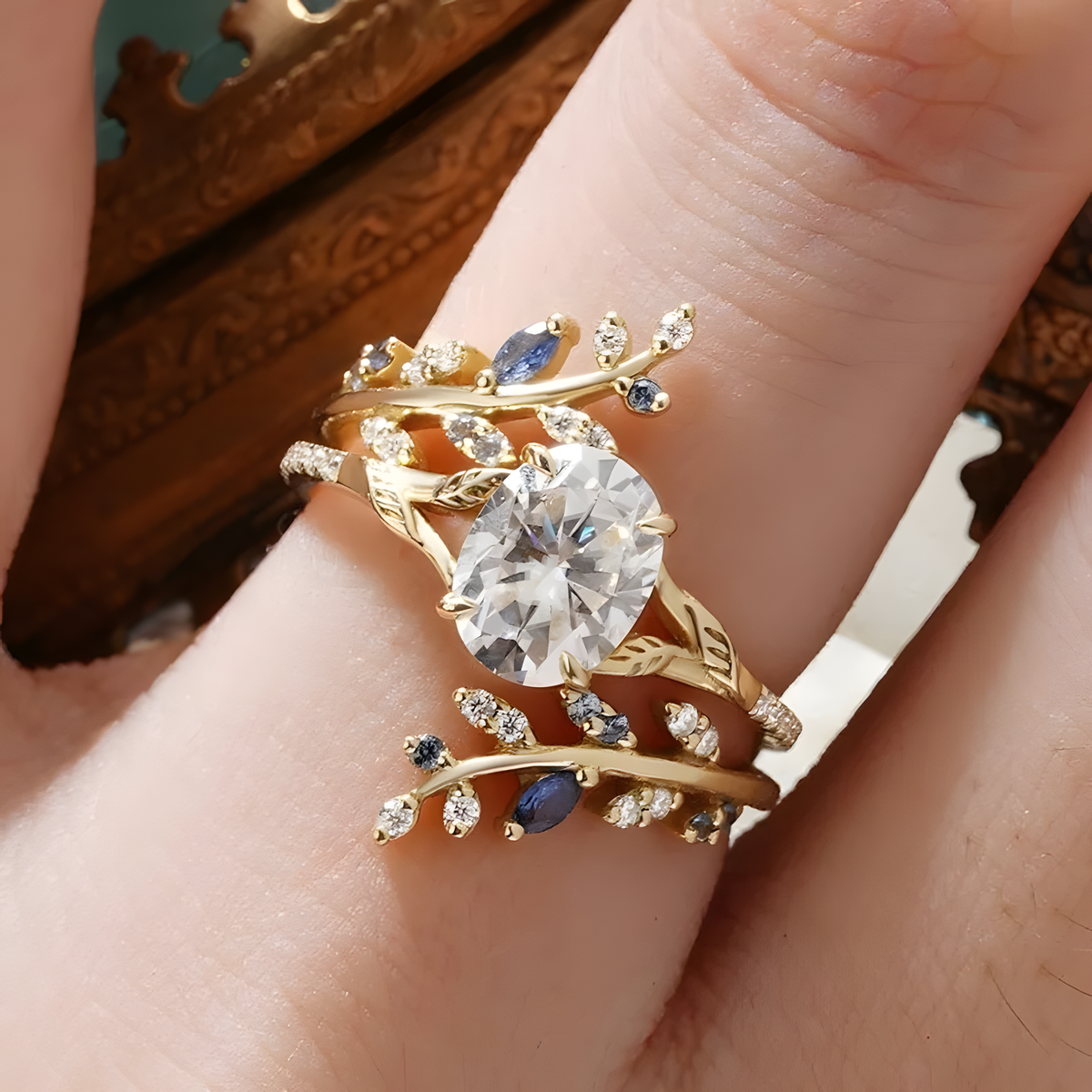 Leaf-Vine Stacking Ring Set with Oval Decorative Stone