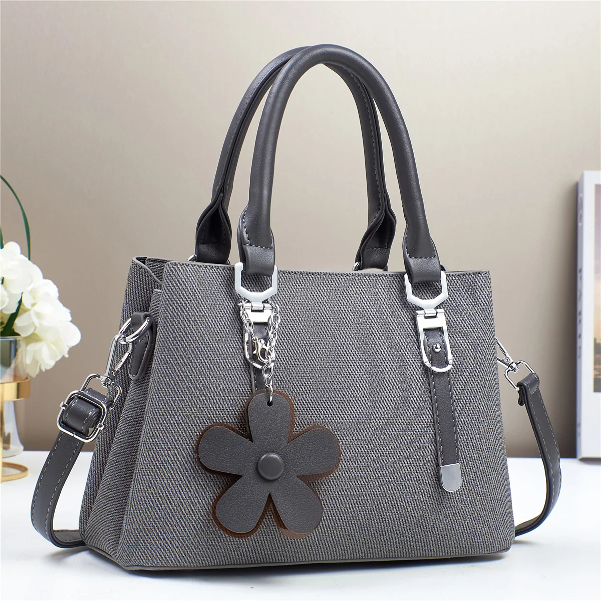 Flower Charm Structured Handbag with Crossbody Strap