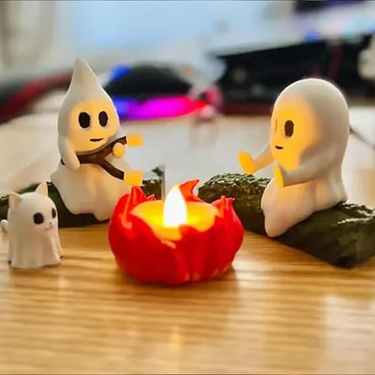 Light-Up Halloween Ghost Figurine Scene with Pumpkin Glow