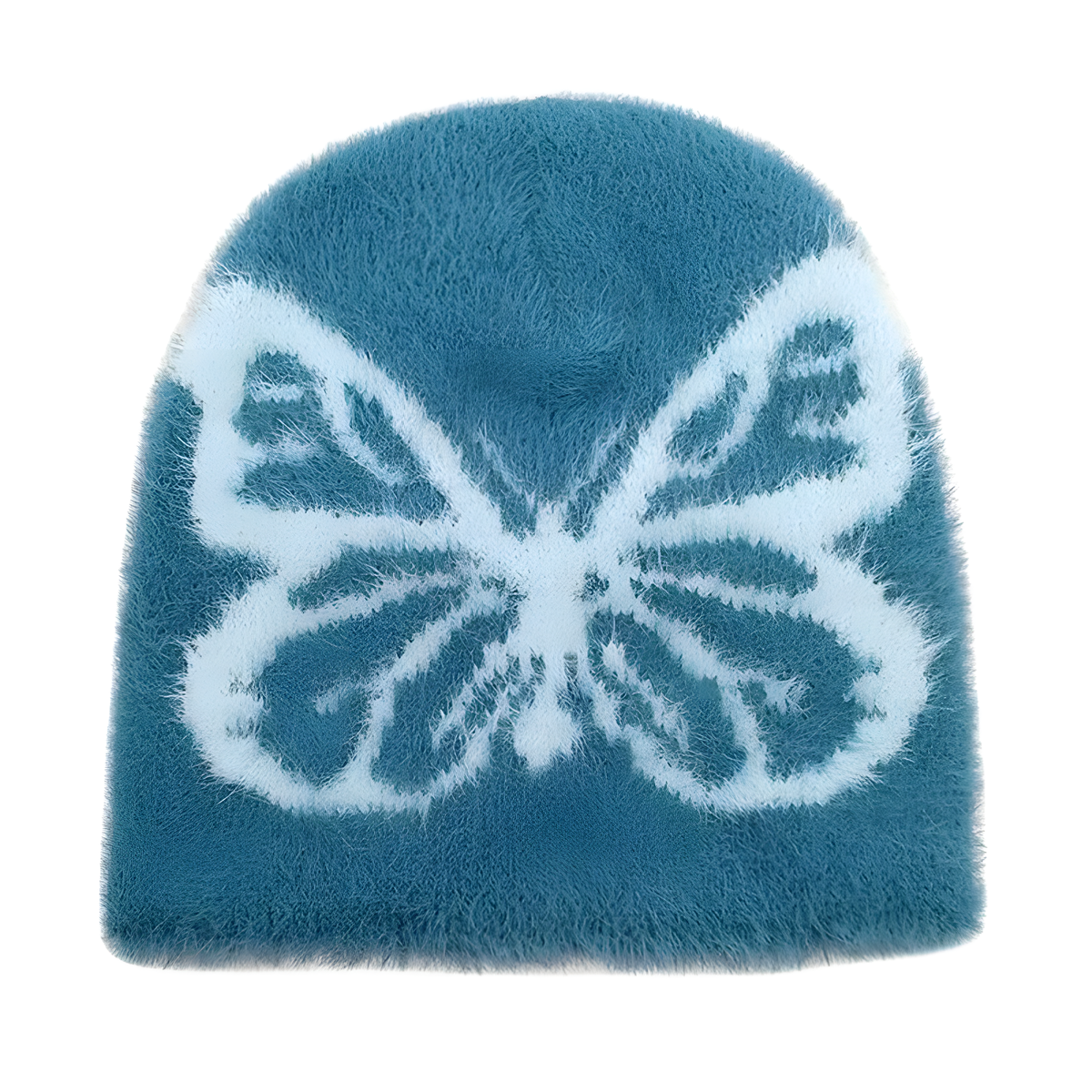 Fuzzy Butterfly Knit Beanie with Contrast Motif in Seven Colors
