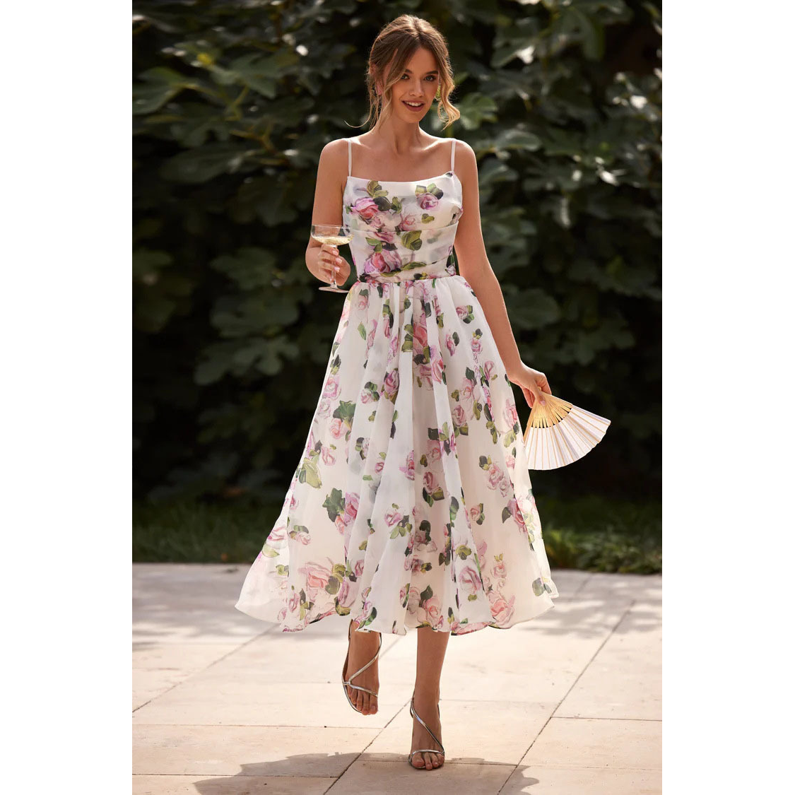 Floral Chiffon Midi Dress with Thin Straps for Evening Events