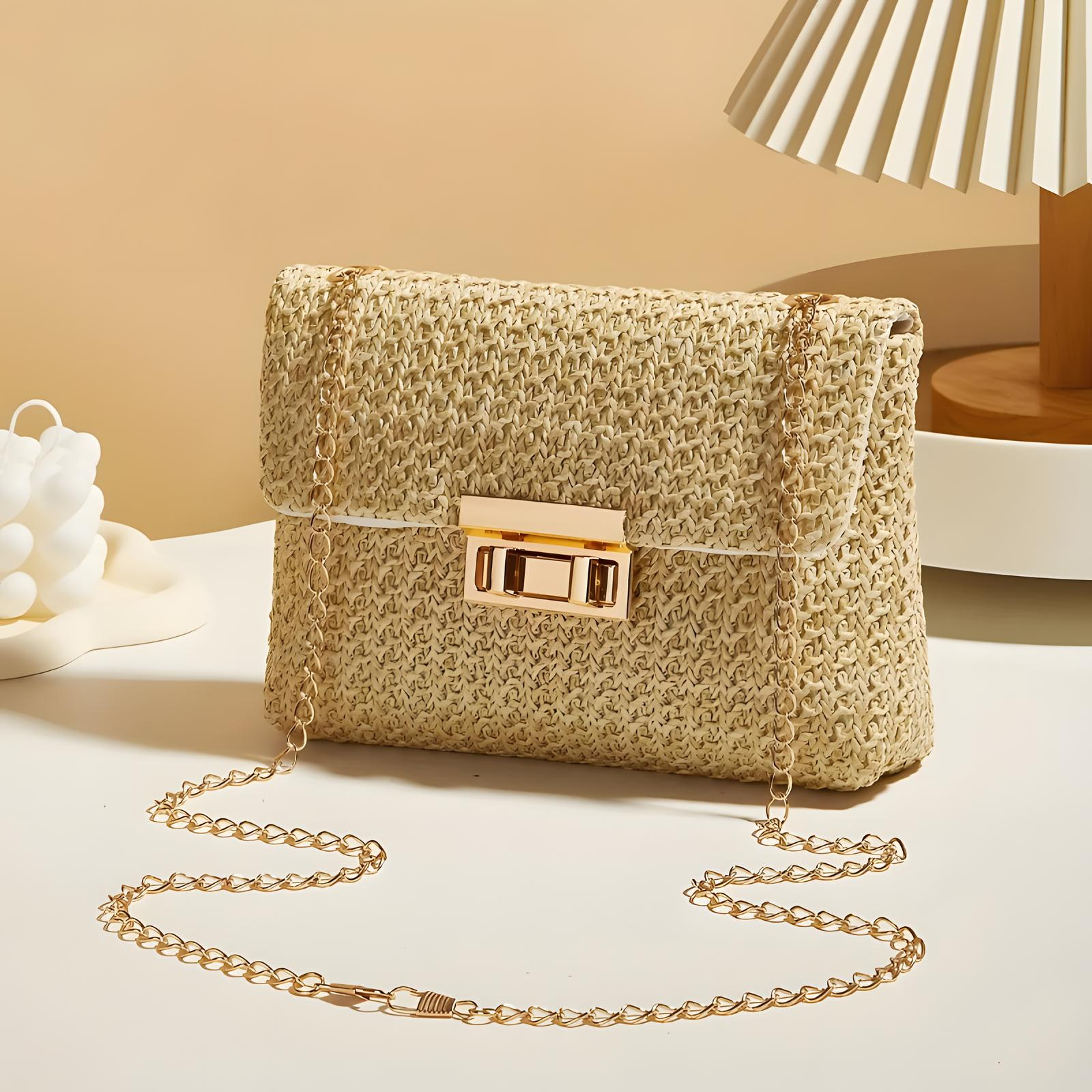 Straw Crossbody Bag with Gold Chain & Turn Lock