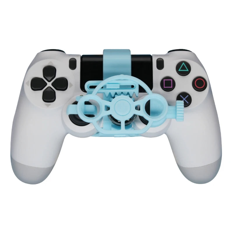 White gaming controller with a blue cooling fan attachment on a white background