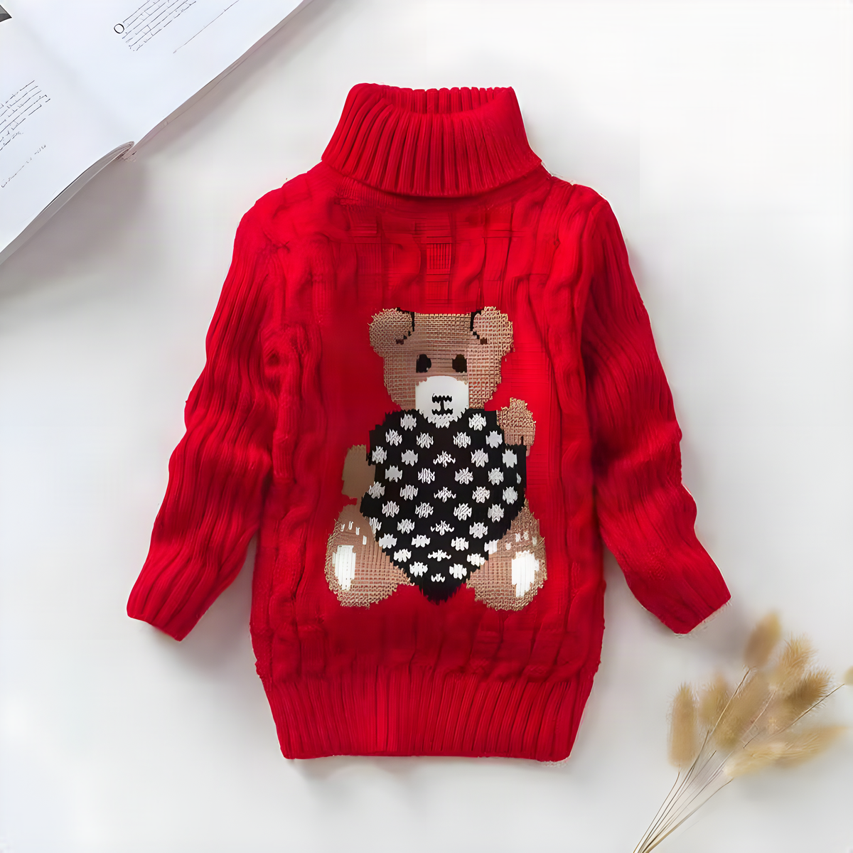 Kids Bear-Detail Ribbed Turtleneck Sweater in Seven Colors