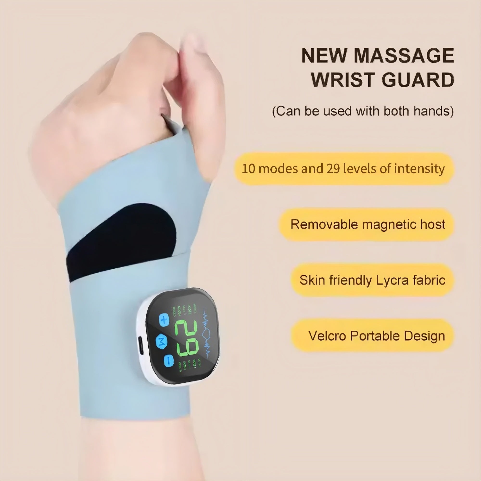 EMS Wrist Massager Cordless USB-C 10 Modes Adjustable Brace