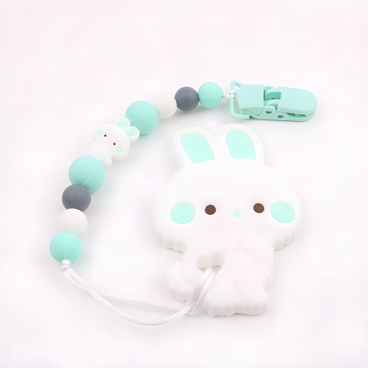 Bunny Baby Teether with Beaded Pacifier Clip in Five Colors