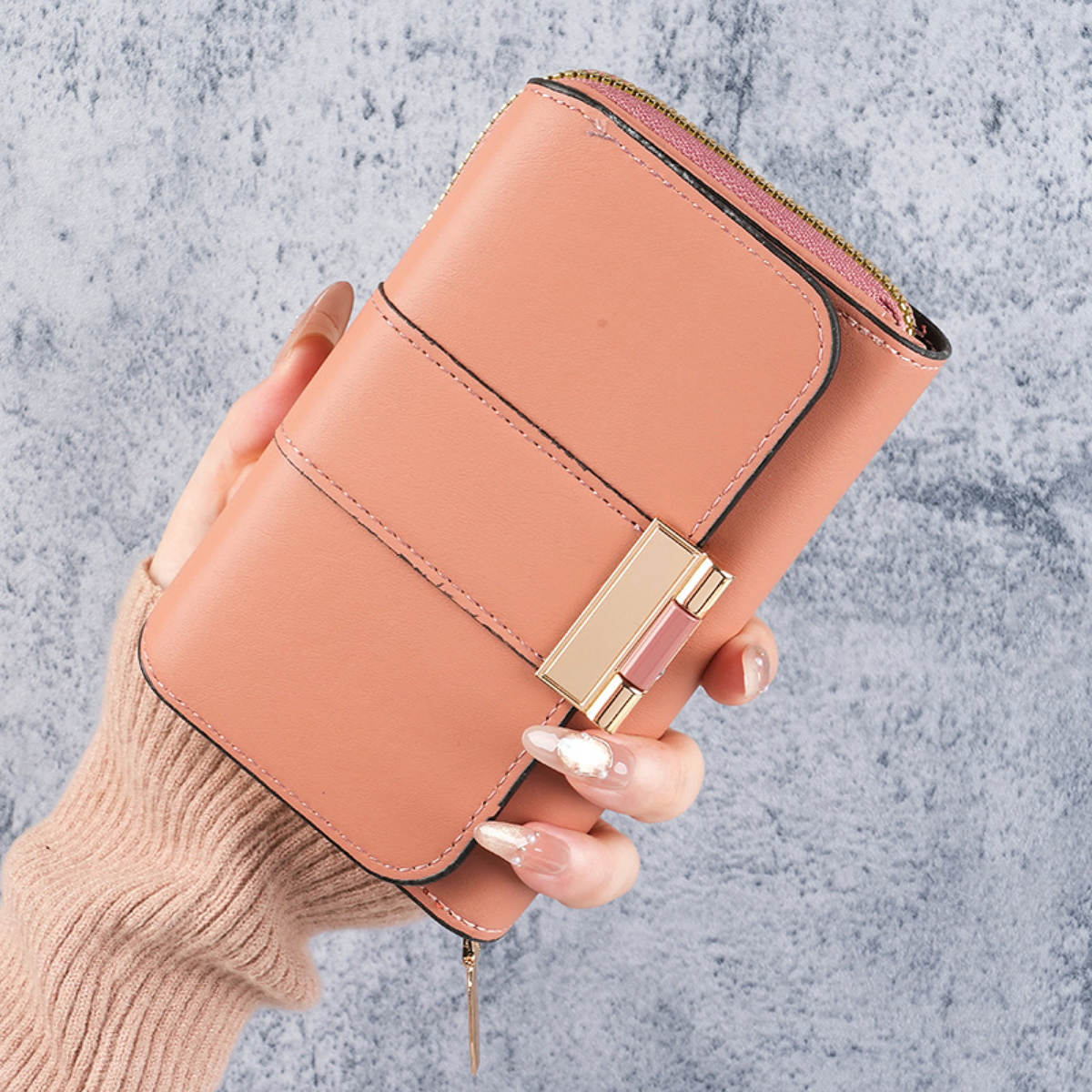 Gold-Clasp Foldover Wallet with Zip Section and Card Slots