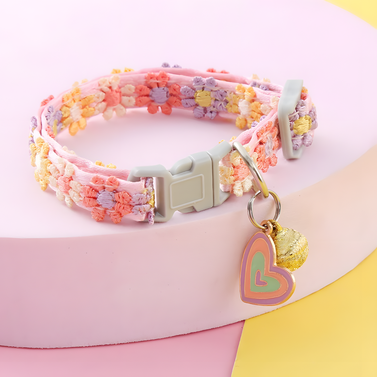 Colorful Floral Cat Collar, Adjustable Buckle, Bell & Charm