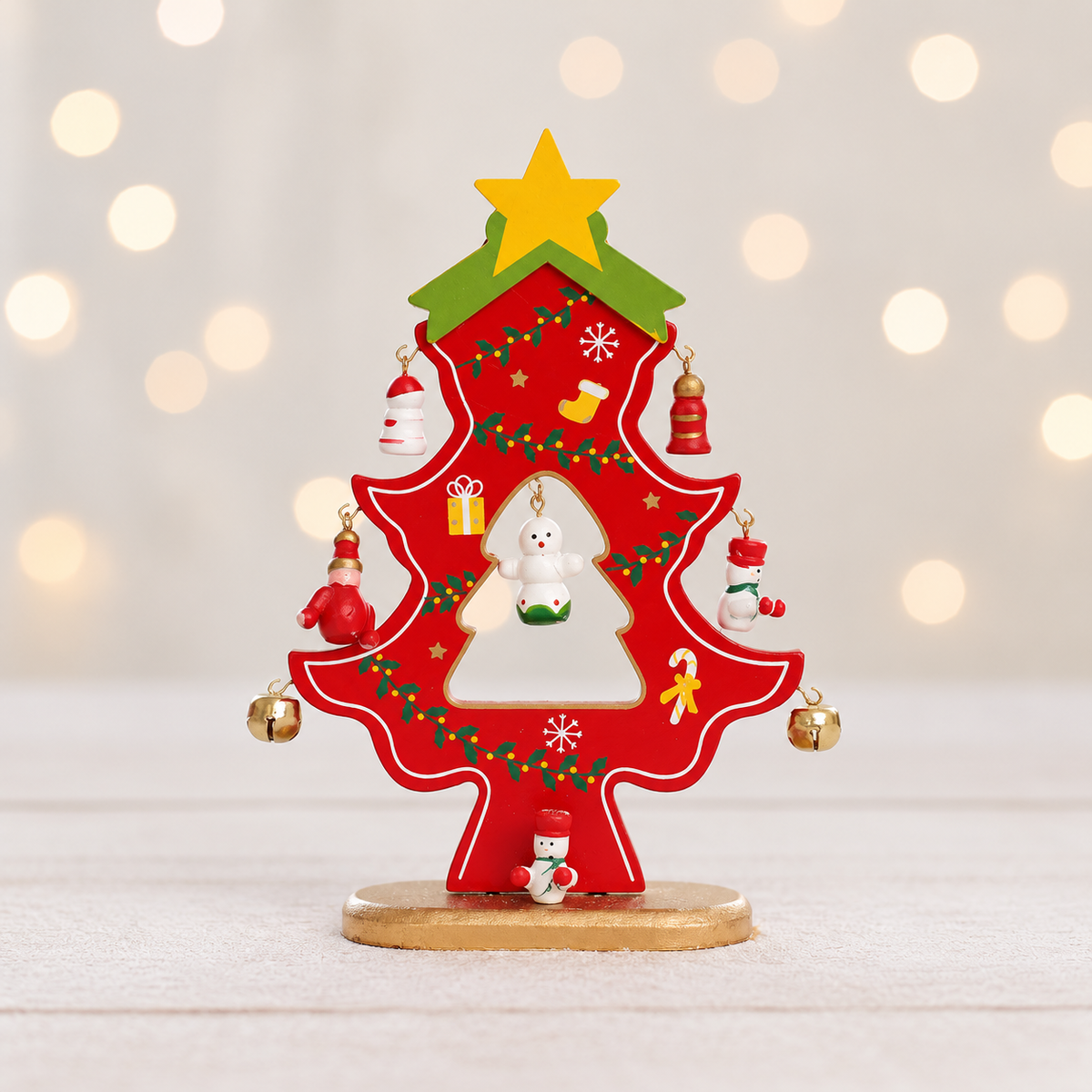 Wooden Tabletop Christmas Tree with Star and Hanging Ornaments