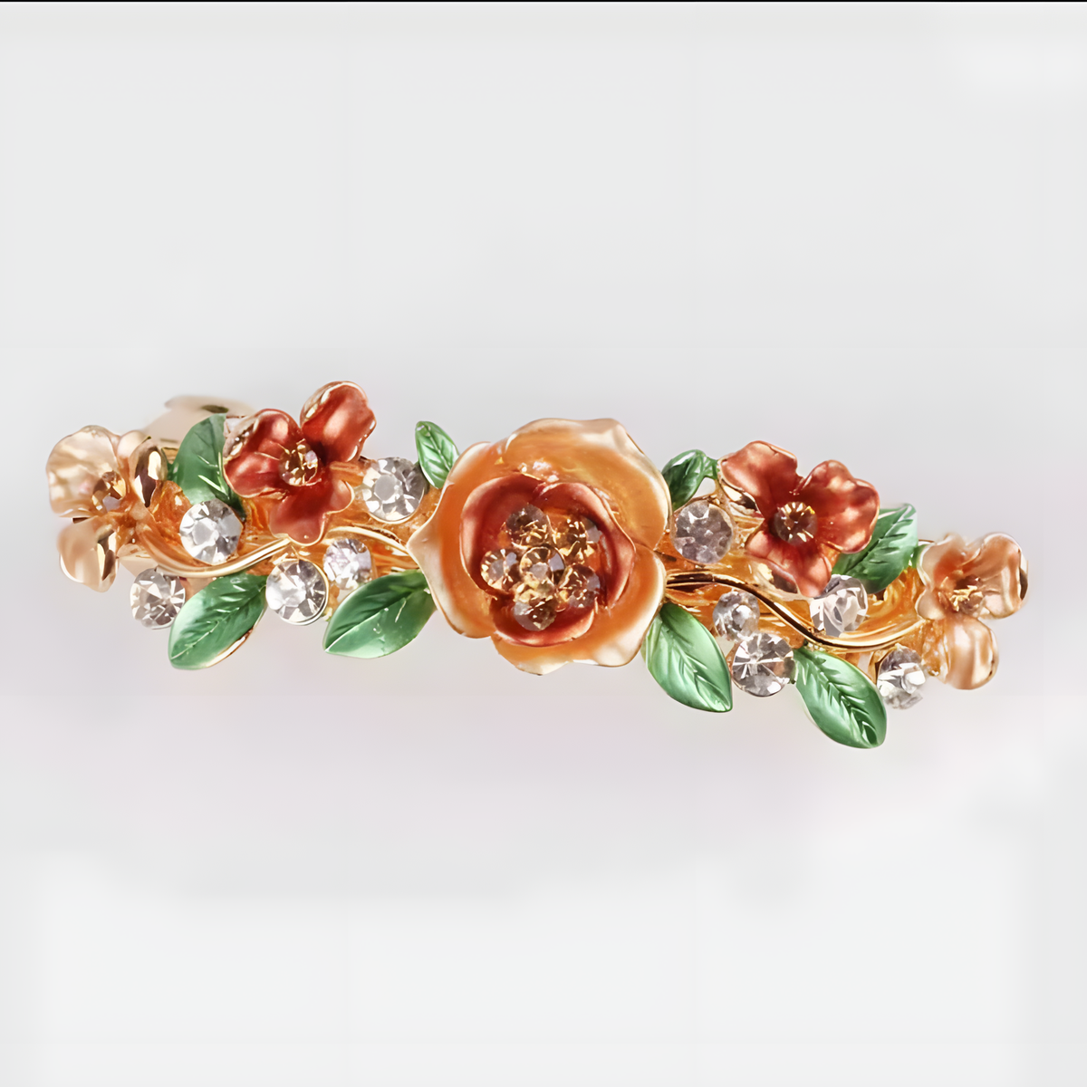 Floral Enamel Barrette with Rhinestone Accents and Gold Tone