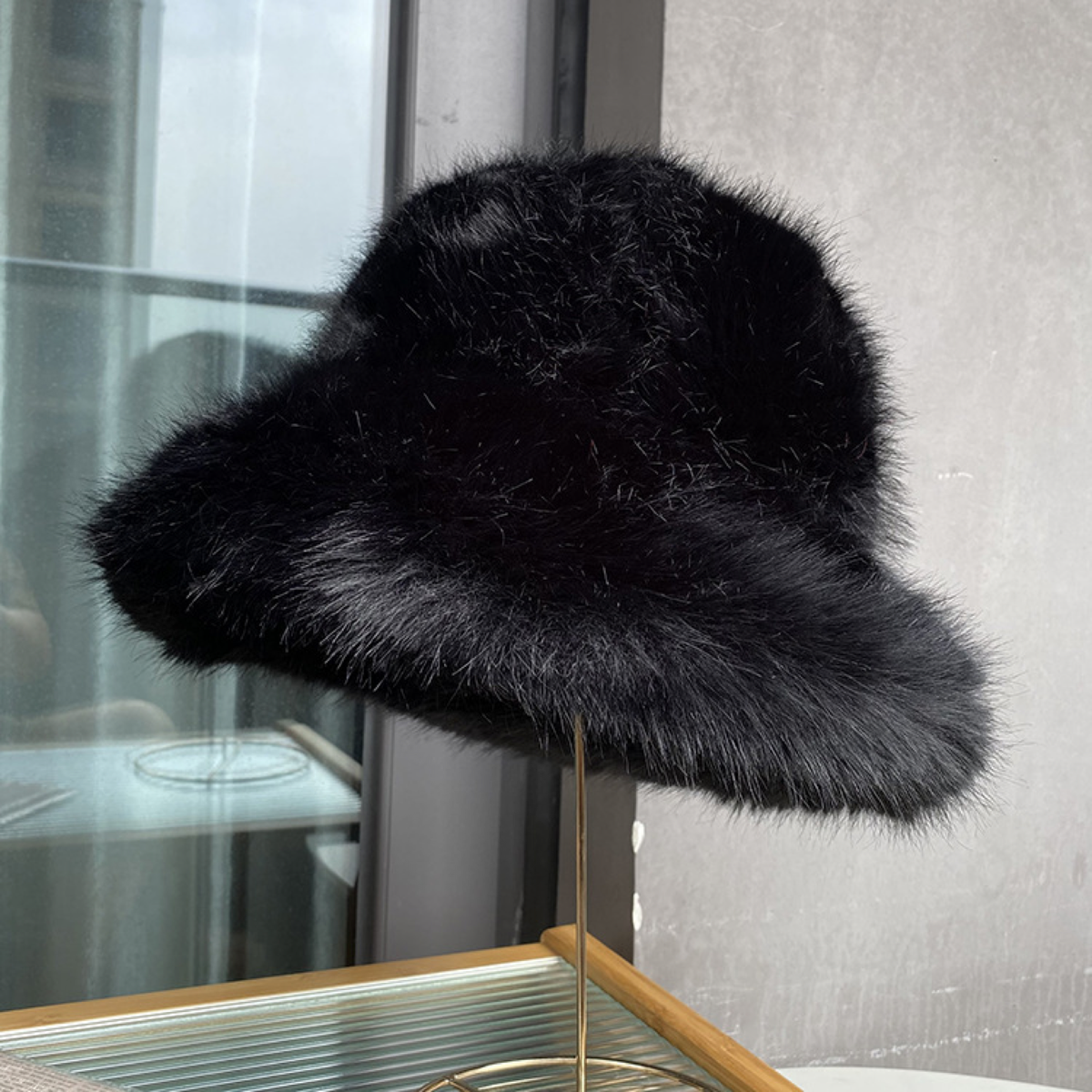 Plush Faux-Fur Bucket Hat with Rounded Crown and Soft Brim