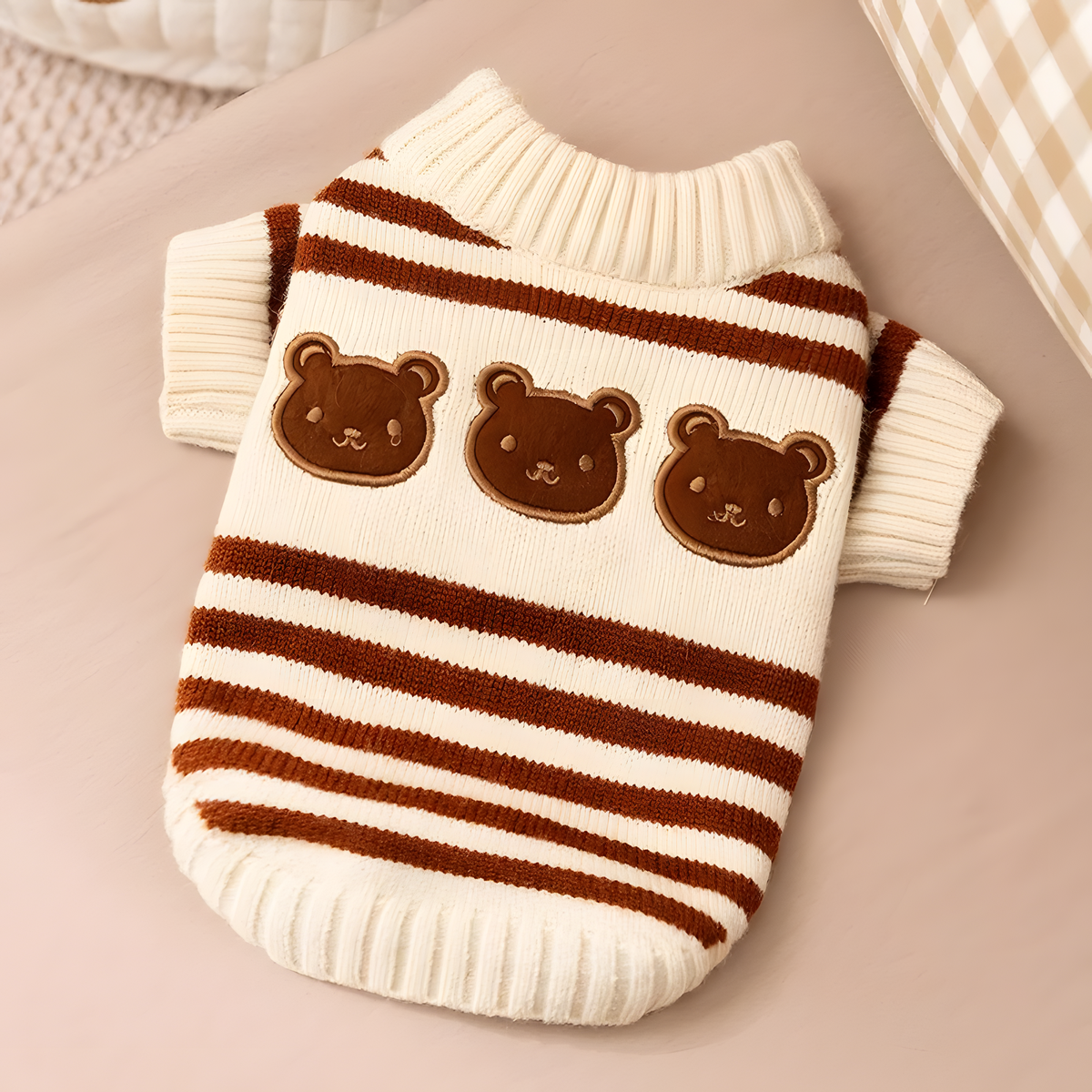 Knitted Pet Sweater with Ribbed Neck and Short Sleeves for Cool Days
