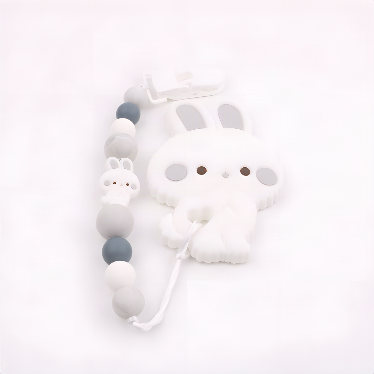 Bunny Baby Teether with Beaded Pacifier Clip in Five Colors