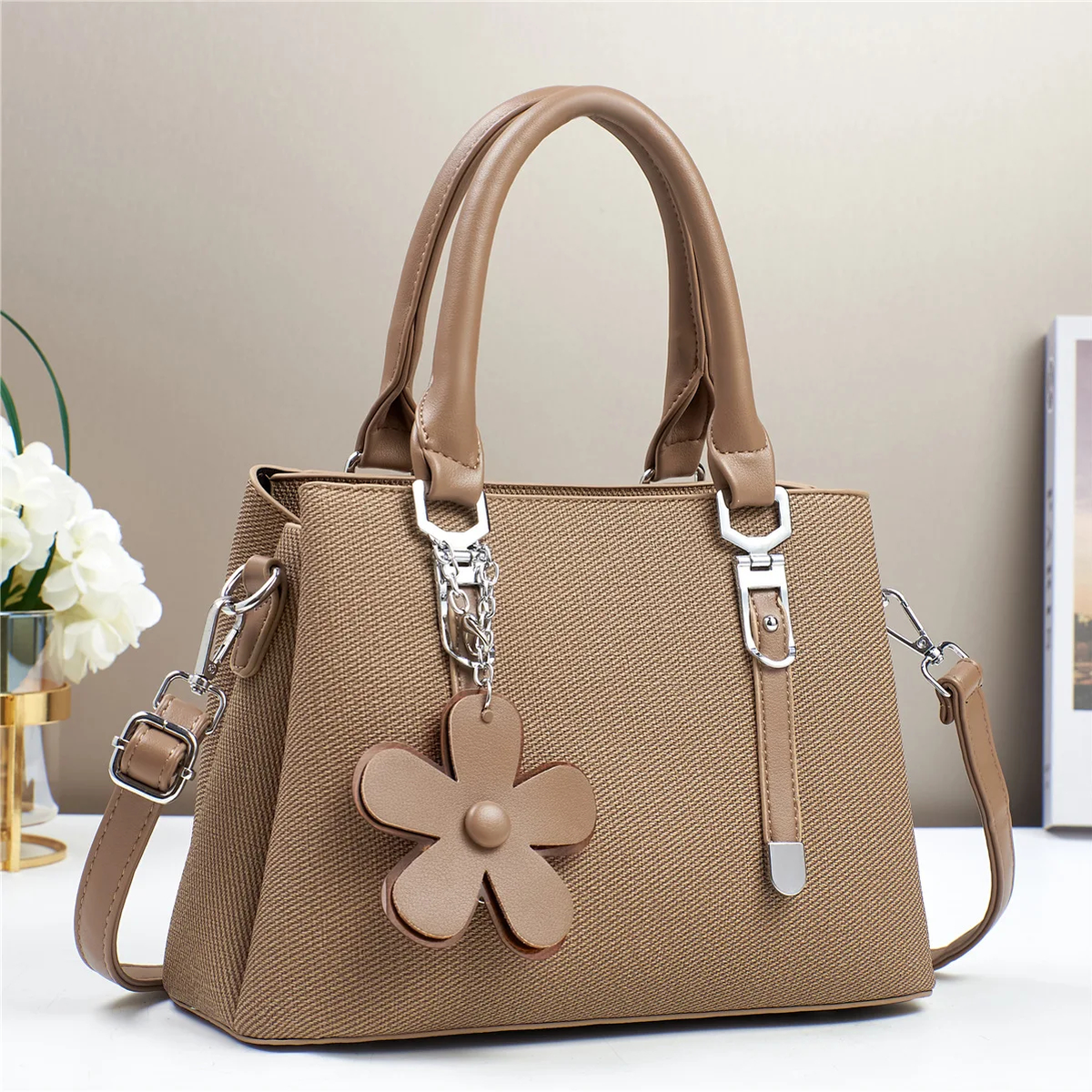 Flower Charm Structured Handbag with Crossbody Strap