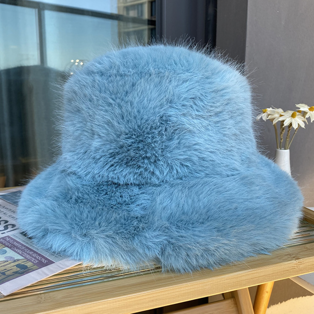 Plush Faux-Fur Bucket Hat with Rounded Crown and Soft Brim