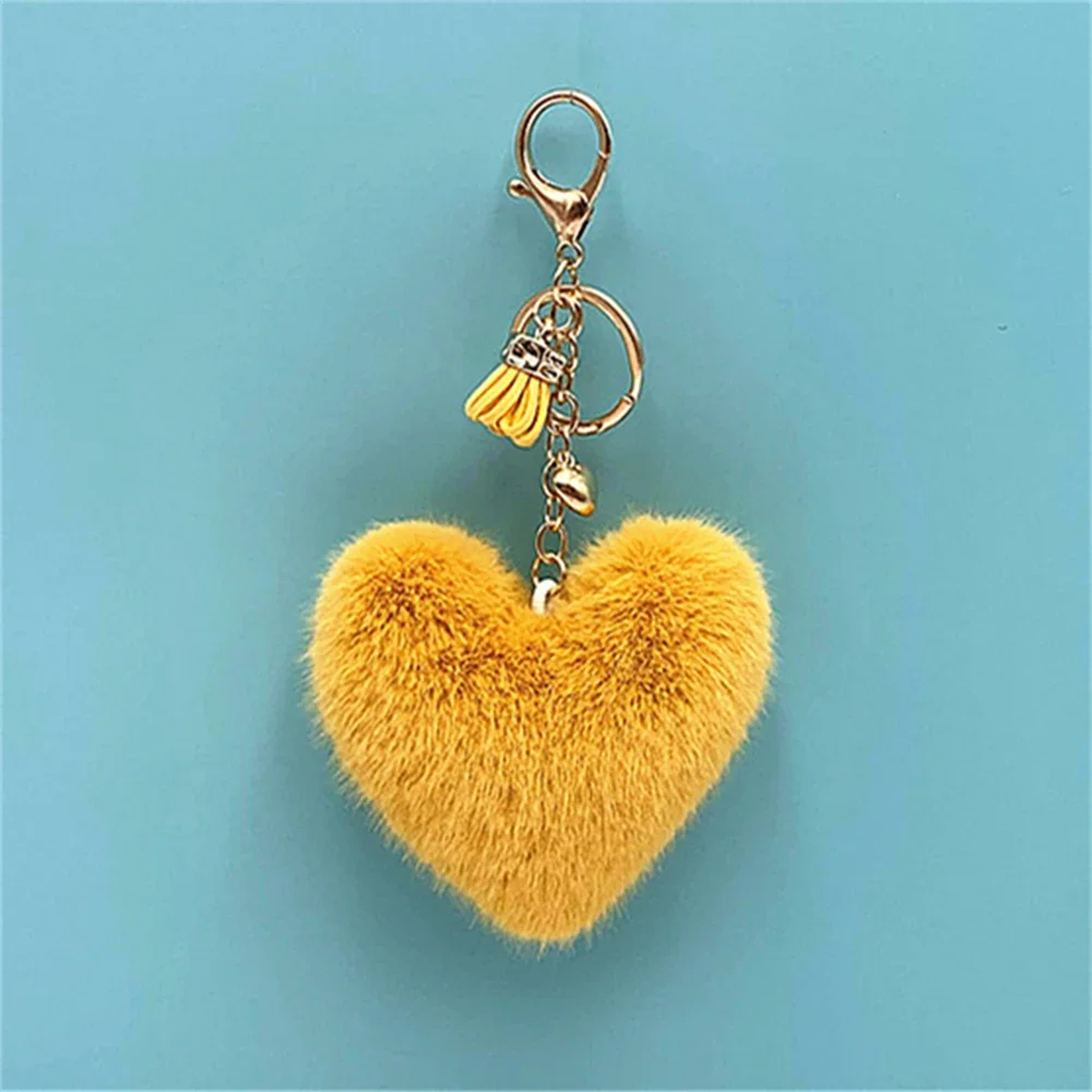 Fluffy Heart Keychain Charm with Tassel and Gold-Tone Clasp