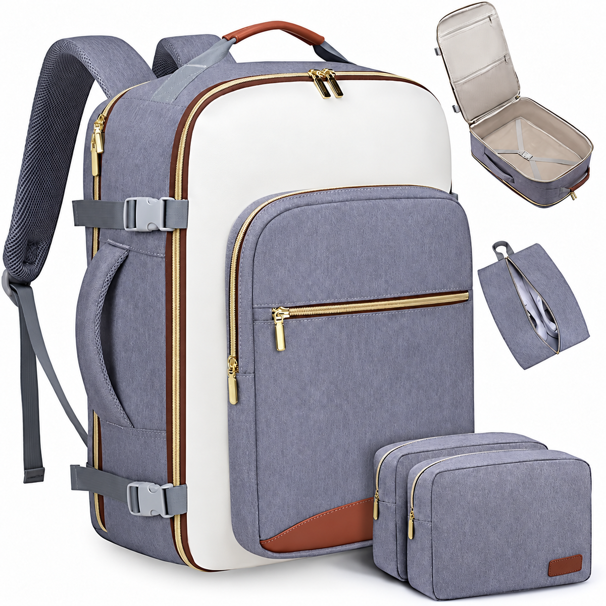 Large Travel Backpack Set, Clamshell Opening and 3 Pouches