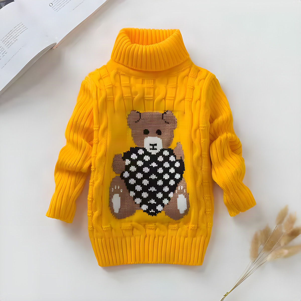 Kids Bear-Detail Ribbed Turtleneck Sweater in Seven Colors