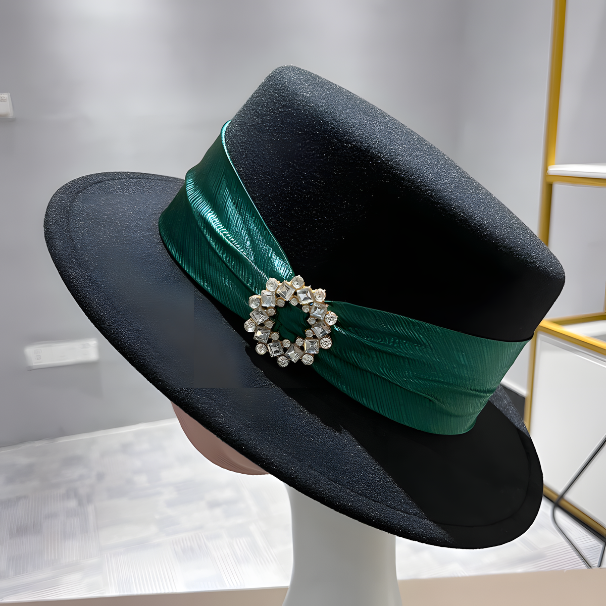 Wool Flat-Top Hat with Decorative Band and Brooch Detail