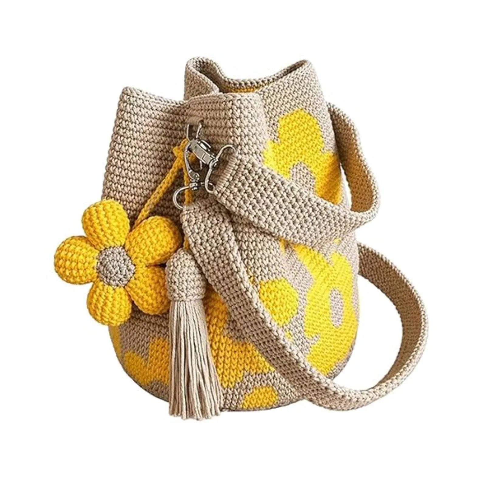 Handmade Crochet Flower Tote Bag with Tassel Charm