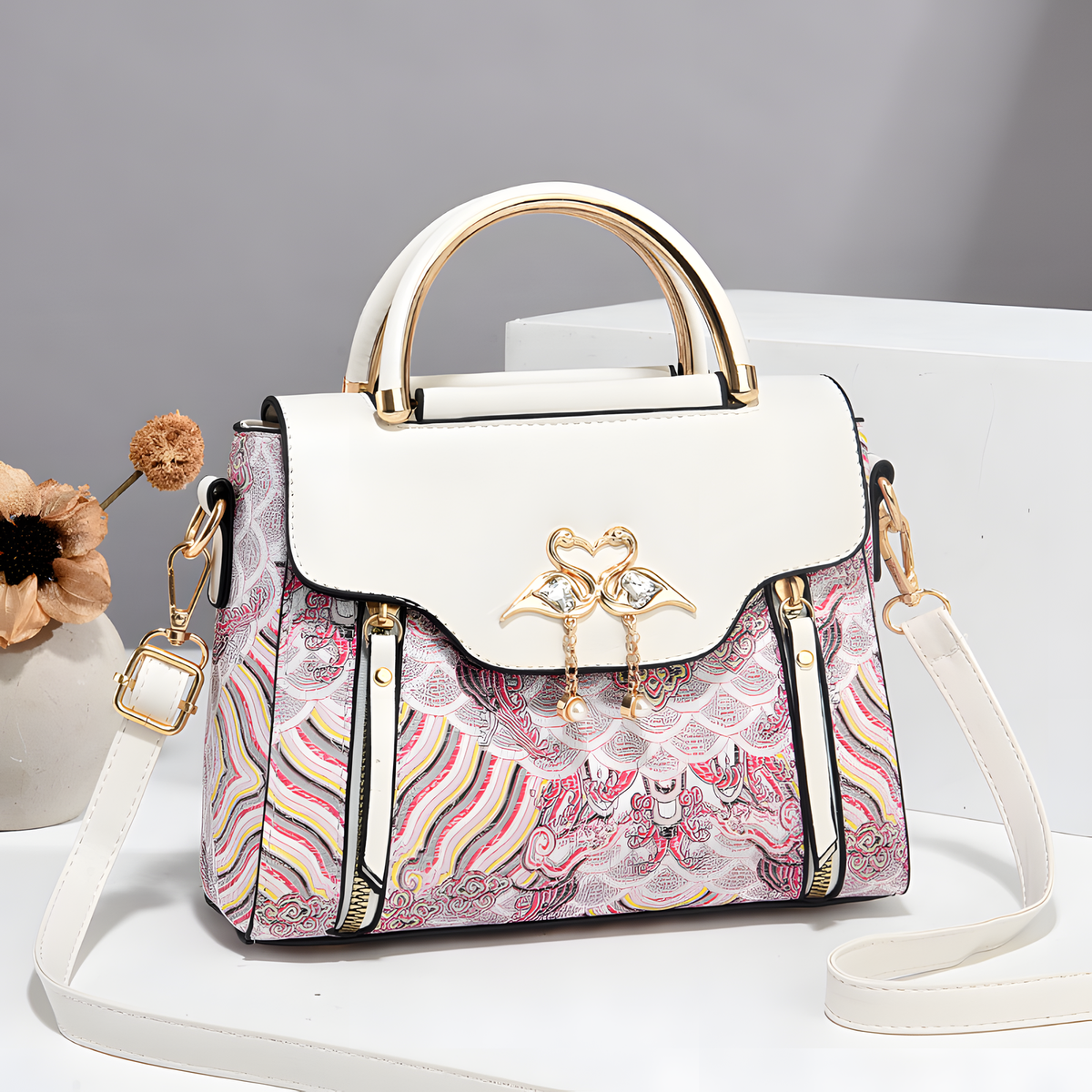 Printed Shoulder Bag with Bird Charm and Zip Divider, 22.5 cm