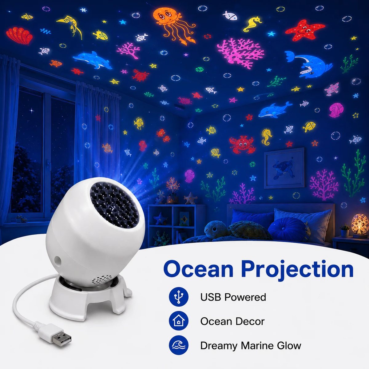 USB Projection Night Light, Ocean or Christmas Scene Options