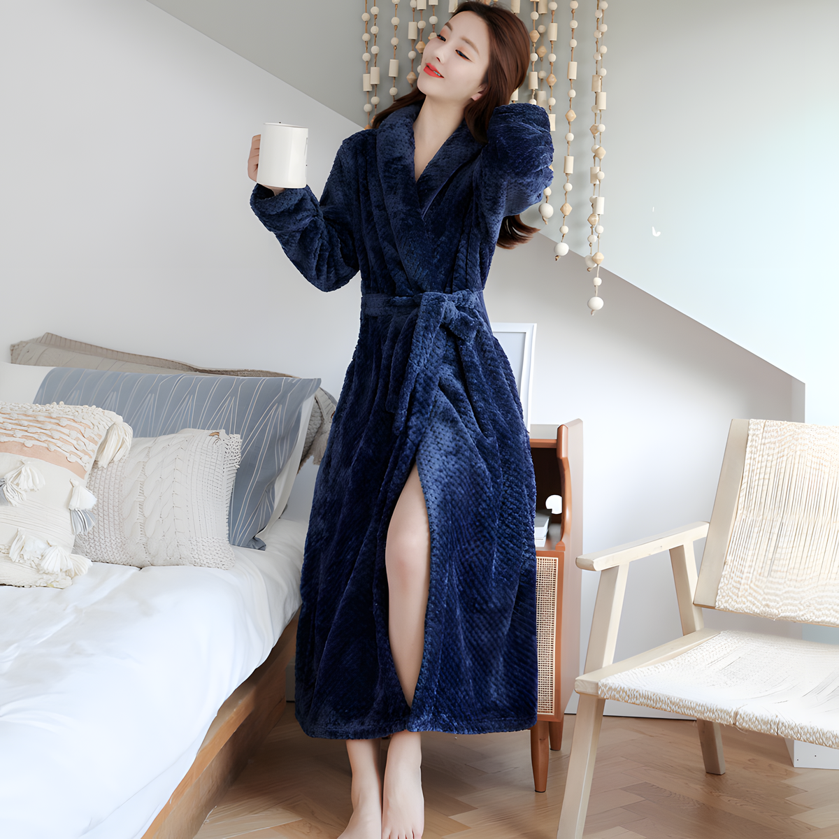 Women's Plush Hooded Bathrobe with Long Cut and Flannel Feel