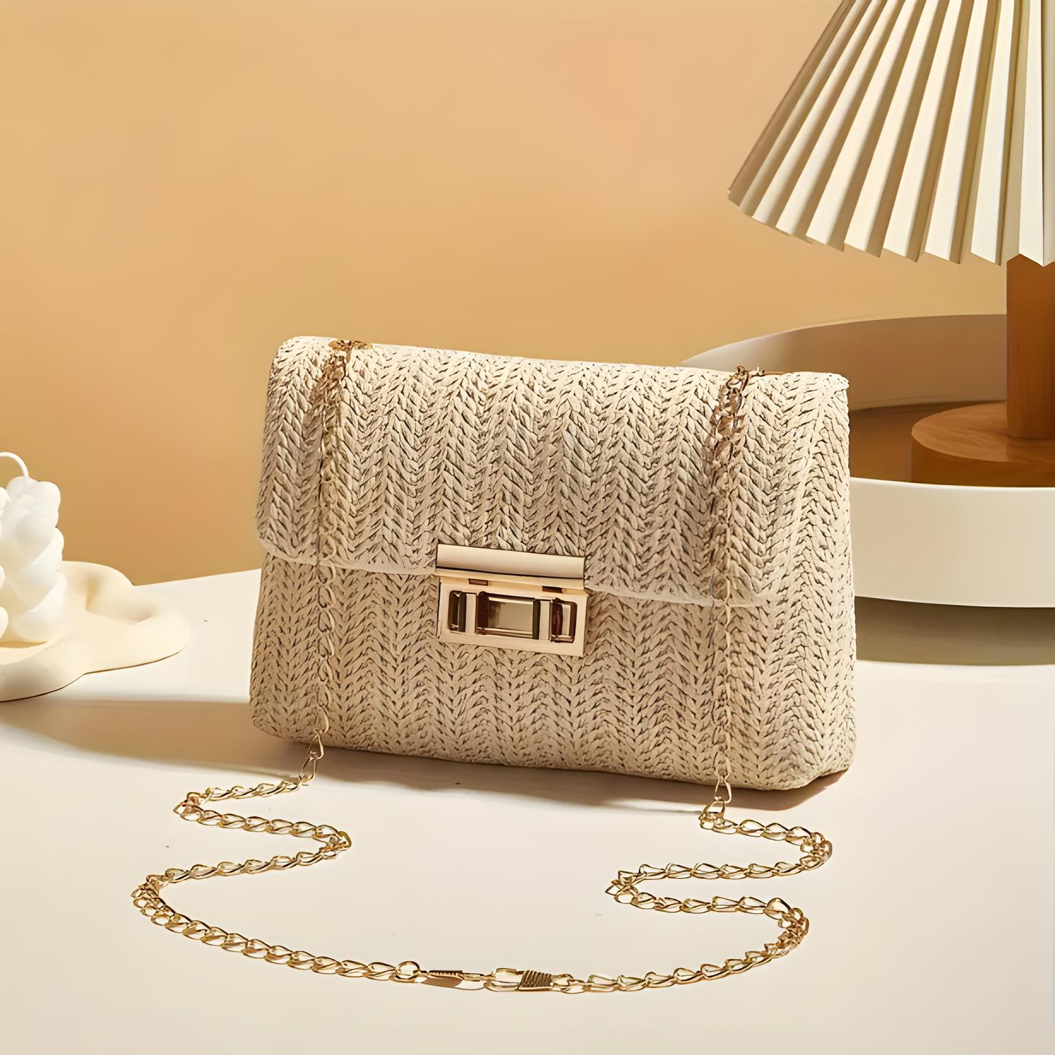 Straw Crossbody Bag with Gold Chain & Turn Lock