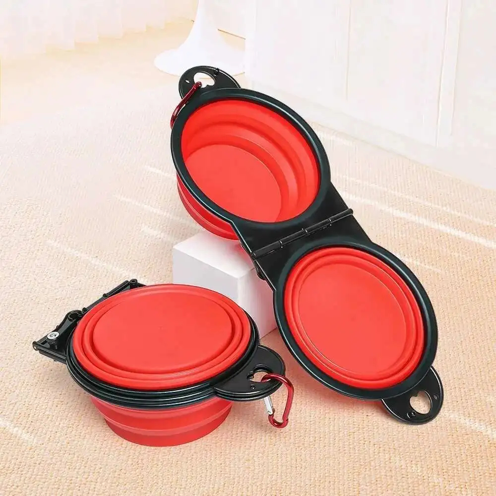Folding Double Pet Travel Bowl 350ml Carabiner Clip