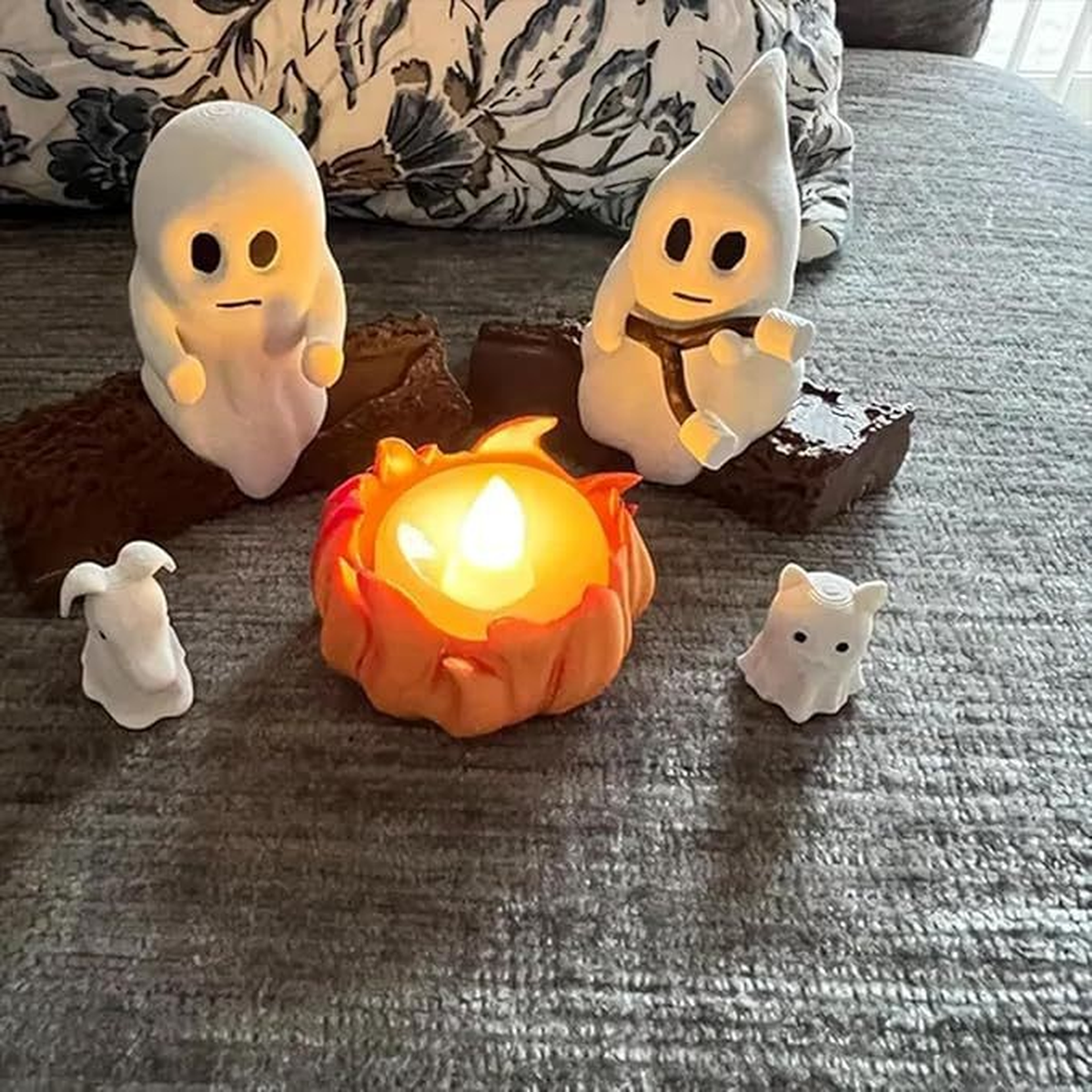 Light-Up Halloween Ghost Figurine Scene with Pumpkin Glow