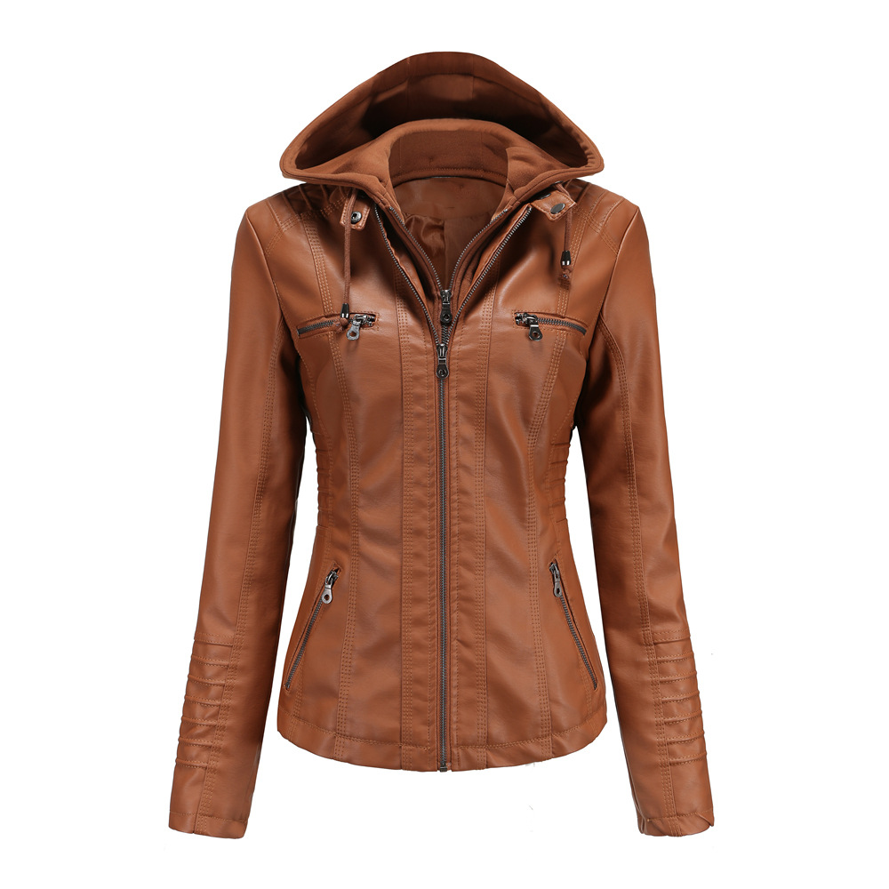 Women's PU Leather Jacket with Removable Hood and Zip Pockets