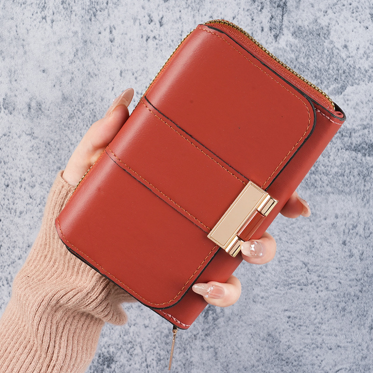 Gold-Clasp Foldover Wallet with Zip Section and Card Slots