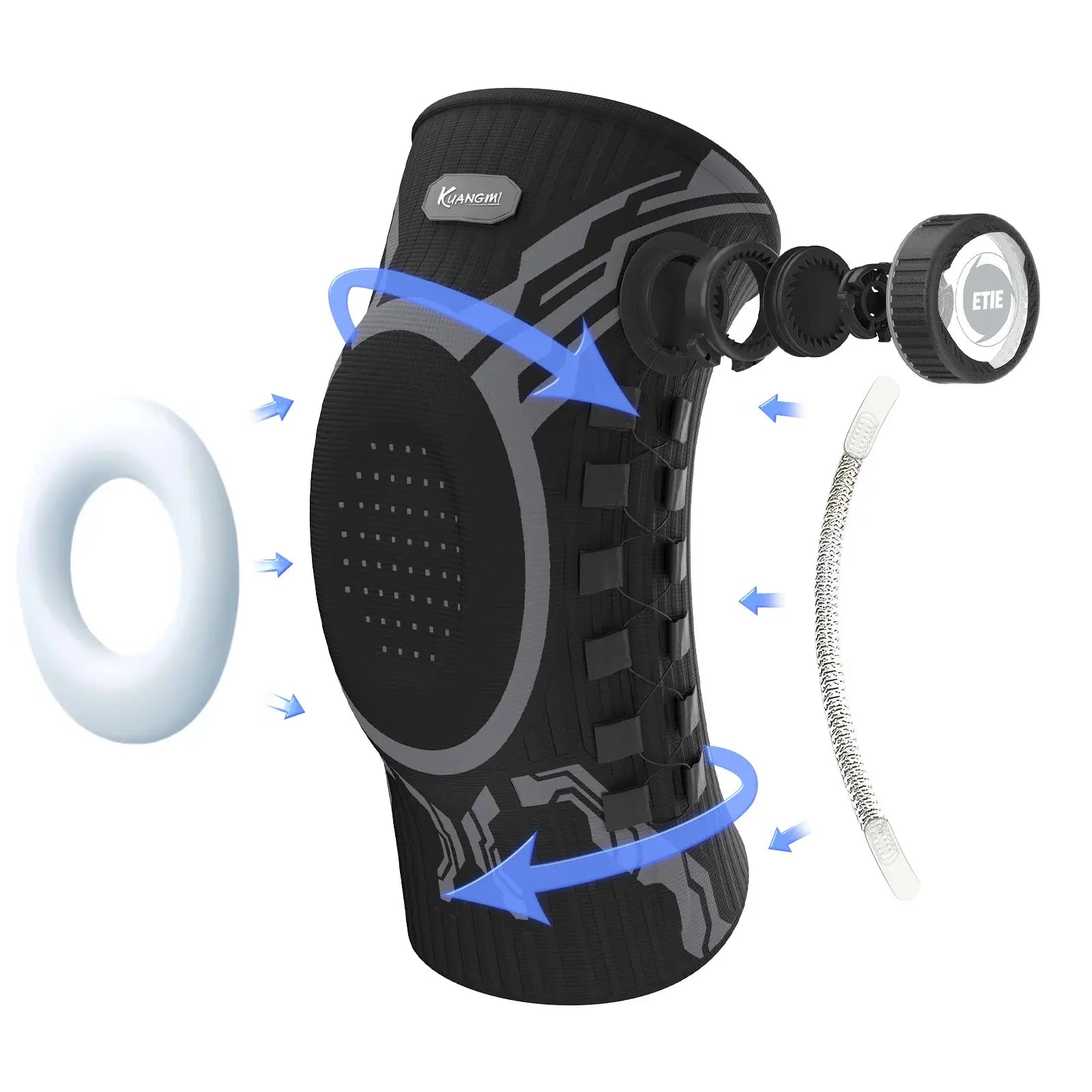 Black knee brace with LED light and hose on a white background