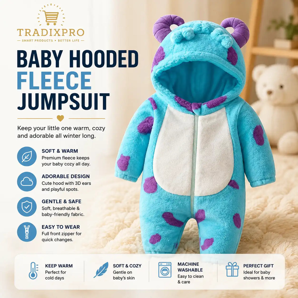Hooded Baby Fleece Jumpsuit with Cartoon Horns, 6M-5T