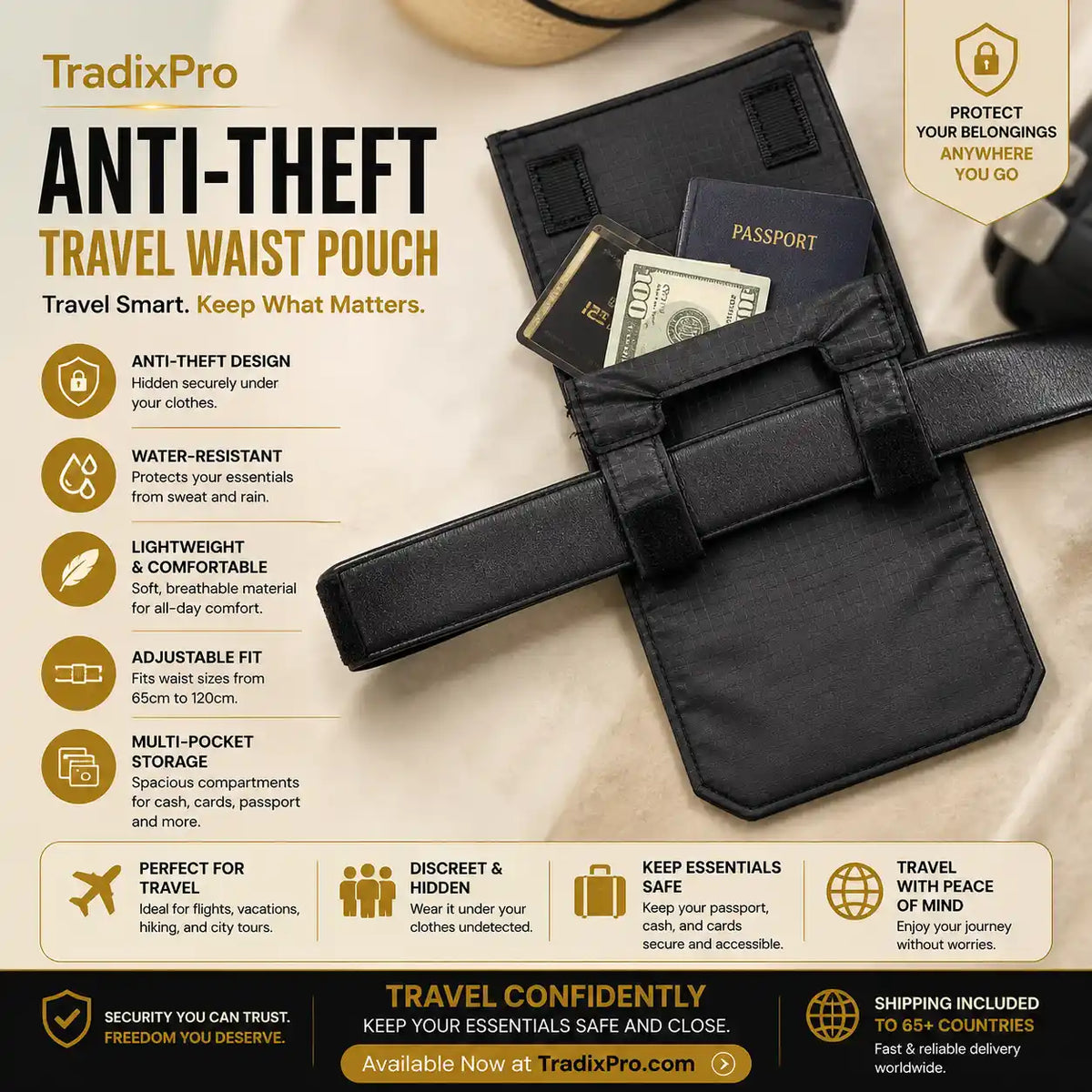 RFID Travel Waist Pouch with Adjustable Hidden Belt, 3 Colors